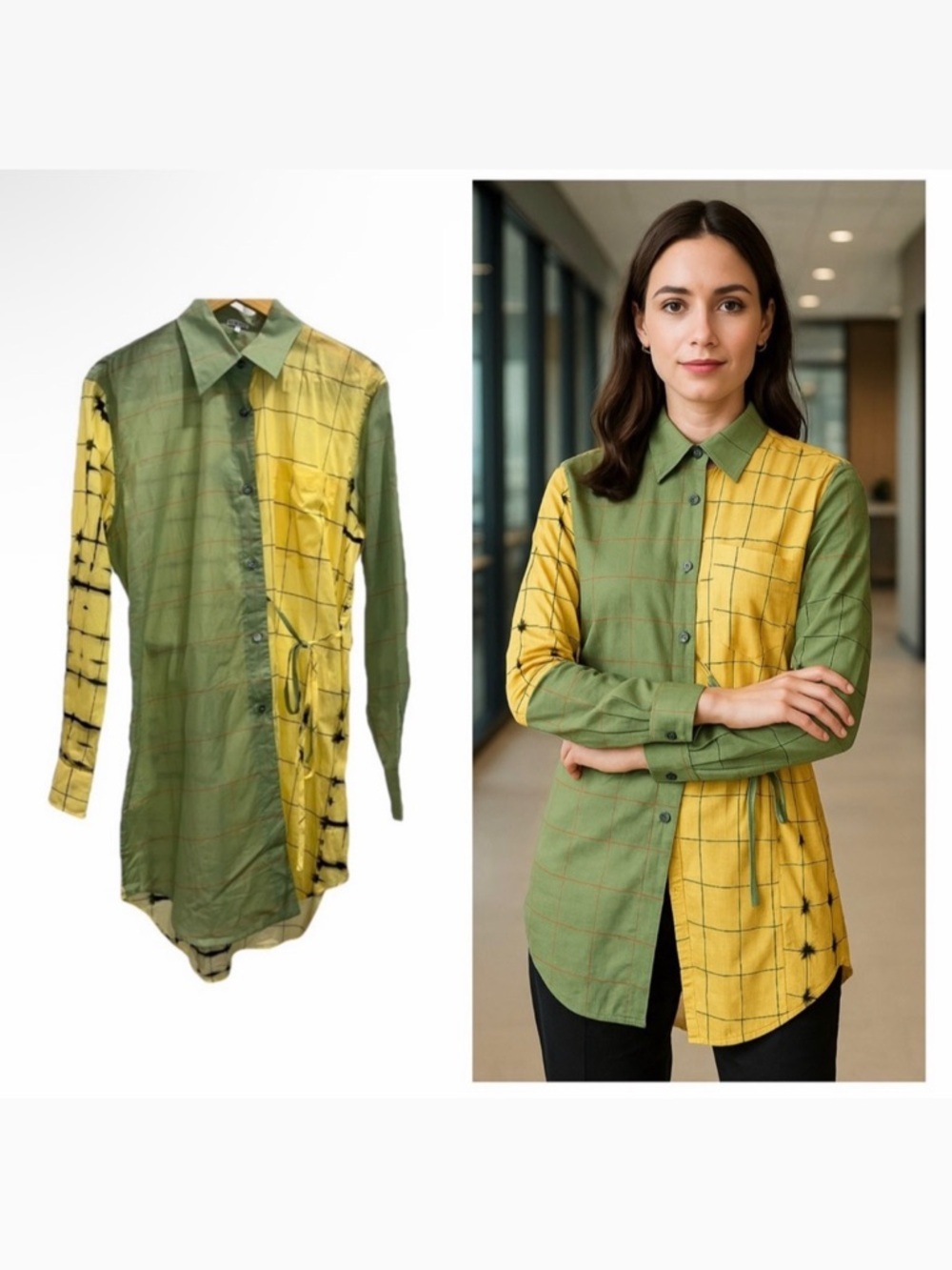 Loewe Plaid Check Wrap Shirt Green Yellow Cotton Silk US 8 Jonathan Anderson NWT
